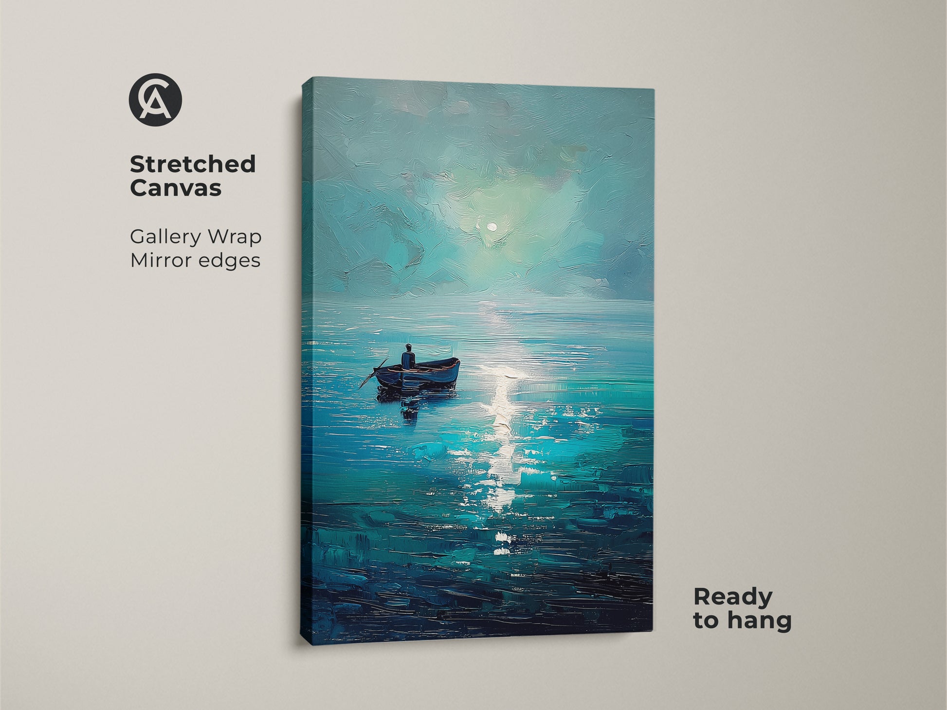 Stretched canvas print of a deep blue ocean artwork. Gallery wrapped with mirror edges this coastal boat canvas print is ready to hang. The teal aqua seascape art evokes a sense of calm and is ideal for bedroom ocean art.