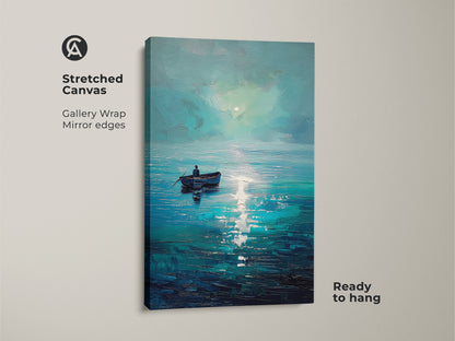 Stretched canvas print of a deep blue ocean artwork. Gallery wrapped with mirror edges this coastal boat canvas print is ready to hang. The teal aqua seascape art evokes a sense of calm and is ideal for bedroom ocean art.