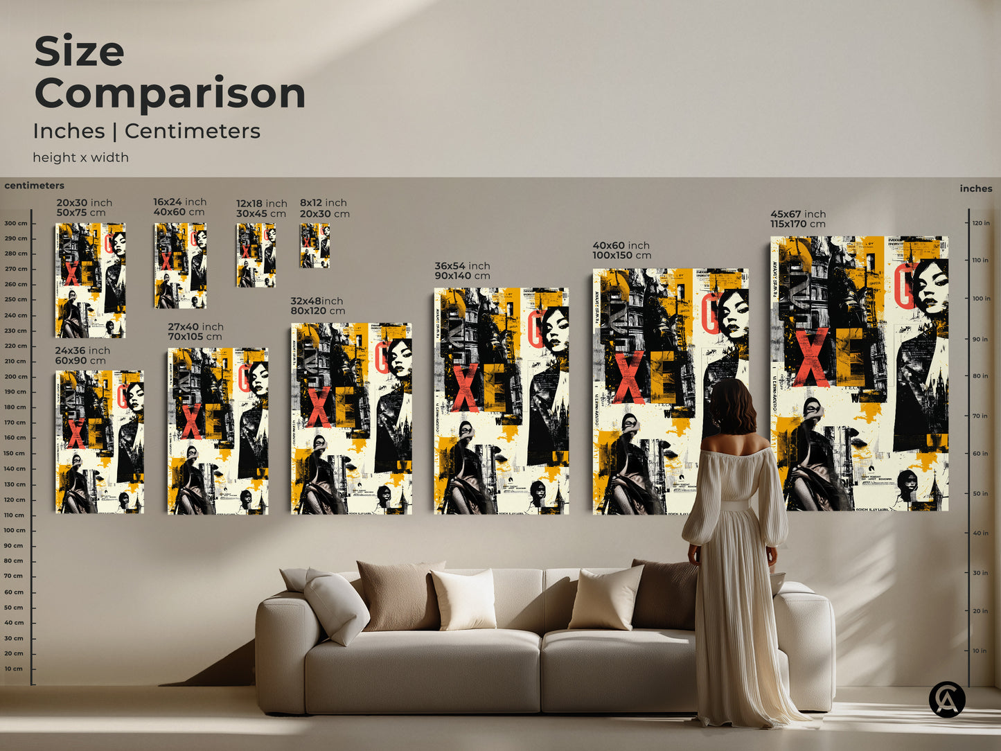 Size comparison of Graffiti Woman Face art. See how canvas and poster prints fit with furniture. Various sizes available to match your space. Find the perfect urban collage art for your home or office.