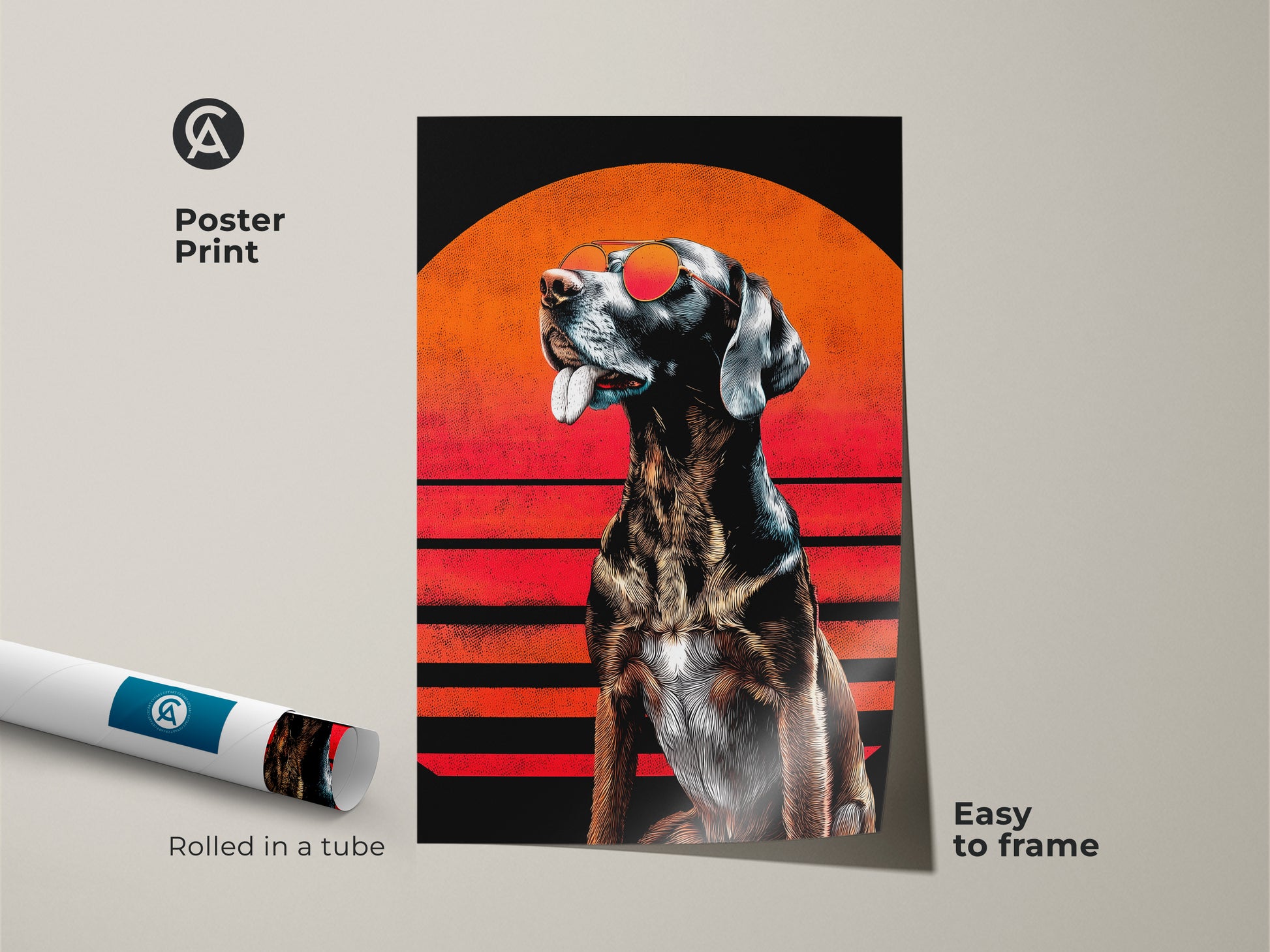 Poster print of a dog with sunglasses in retro pop art style. The orange and black dog art is easy to frame. A cool animal lover gift idea. This stylized dog illustration makes a unique wall hanging. Perfect for modern pet art.