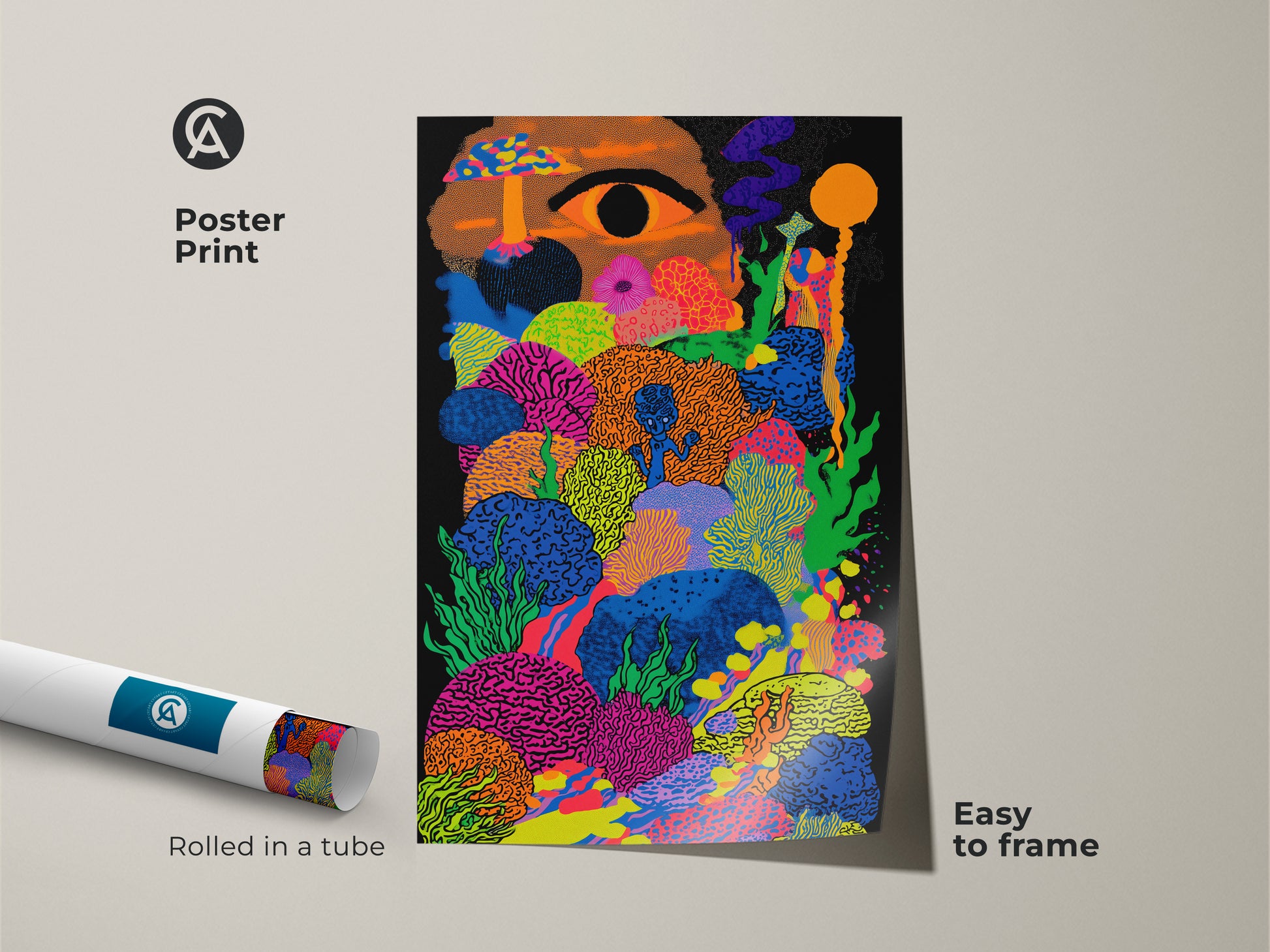 A rolled poster print of psychedelic mushroom art is shown next to its tube. The surreal eye wall art is an abstract colorful canvas. This eclectic bedroom decor is easy to frame.