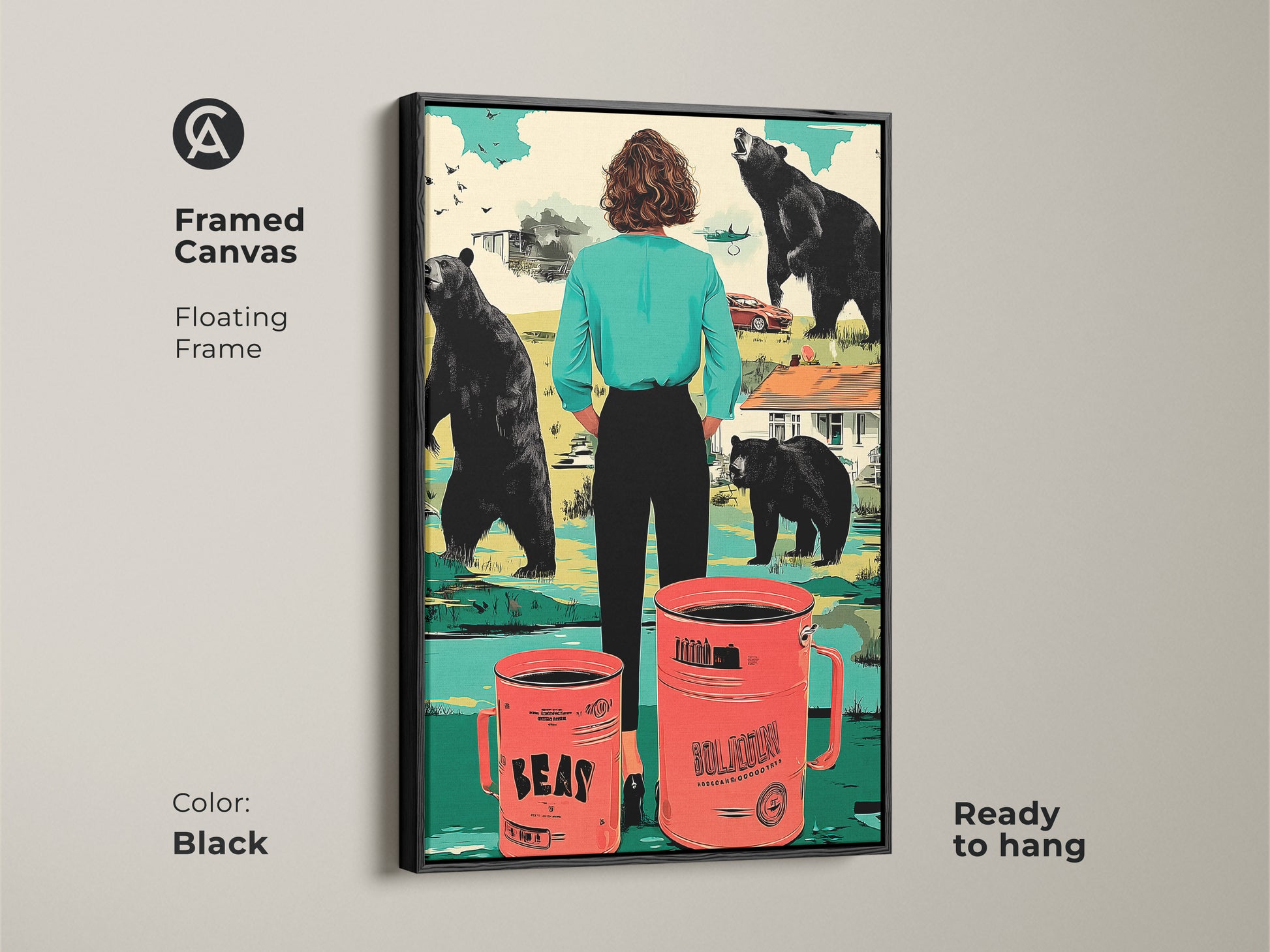 This framed canvas showcases a floating frame in black. The surreal bear and coffee mug art adds an eclectic touch. This teal and orange artwork will enhance your entry hall wall. Its a perfect housewarming gift for coffee lovers offering a conversation starter.