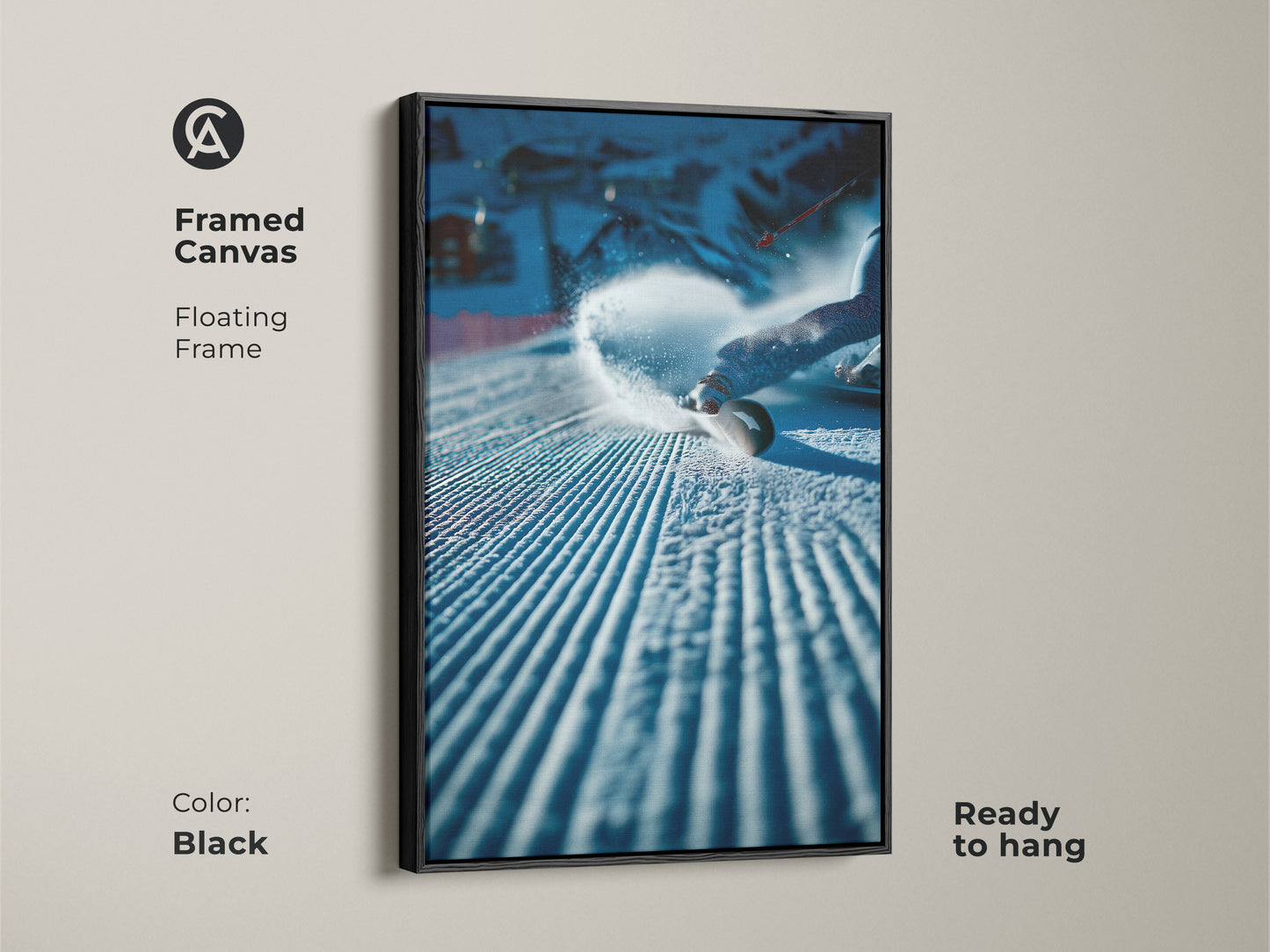 Framed canvas art print of a snowboarder in action. The floating frame is black. This piece is ready to hang. It offers a sleek and modern look. Perfect for showcasing your love for winter sports. Order yours now.