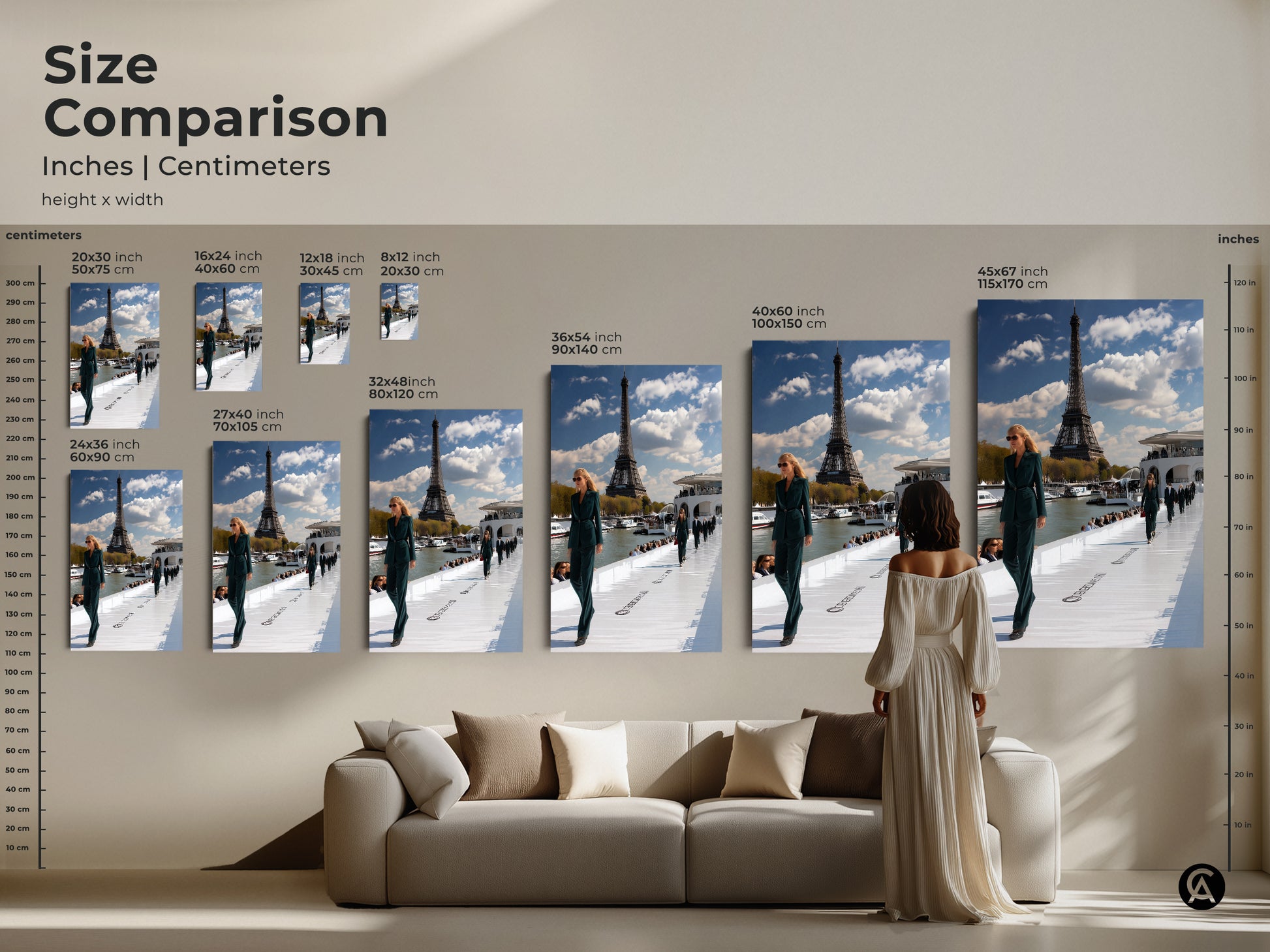 Size comparison of the Parisian runway artwork in inches and centimeters. See how the teal Eiffel Tower fashion print fits above a sofa with a model. Sizes range from 20x30 cm to 45x67 inch. Perfect for visualizing the impact of this contemporary piece in your home or office.
