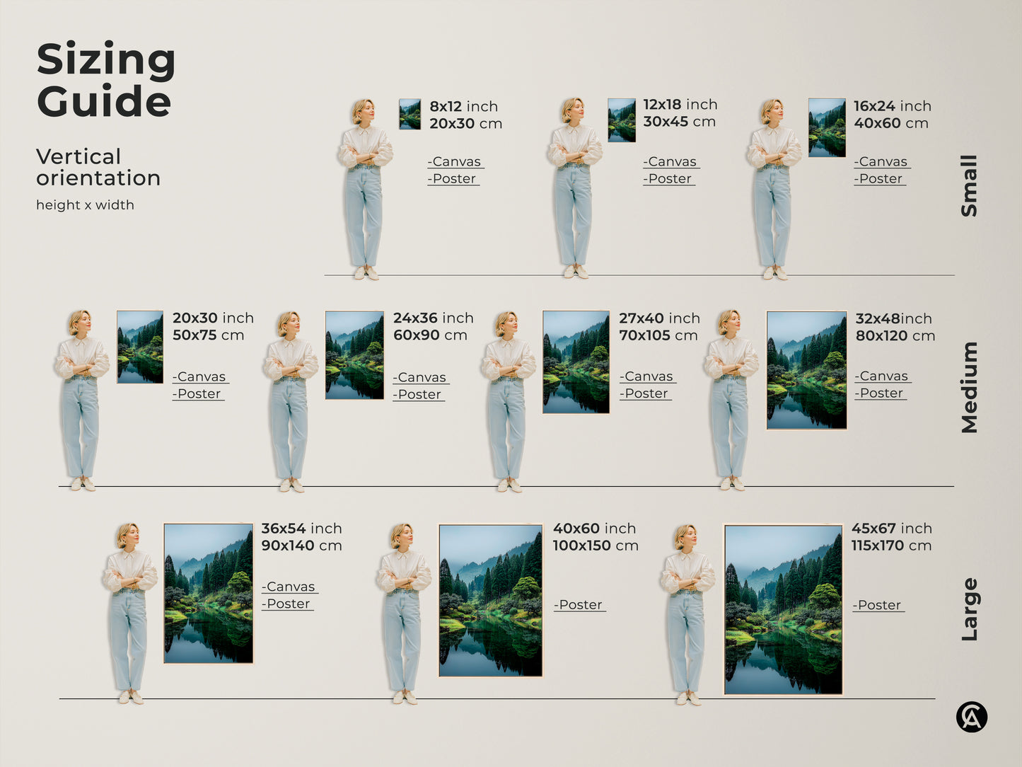 Sizing guide for vertical nature artwork. Visualize how different sizes of canvas and poster prints fit your space. Find the perfect dimensions for your forest lake wall art today.