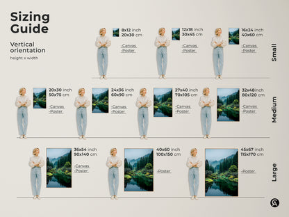 Sizing guide for vertical nature artwork. Visualize how different sizes of canvas and poster prints fit your space. Find the perfect dimensions for your forest lake wall art today.