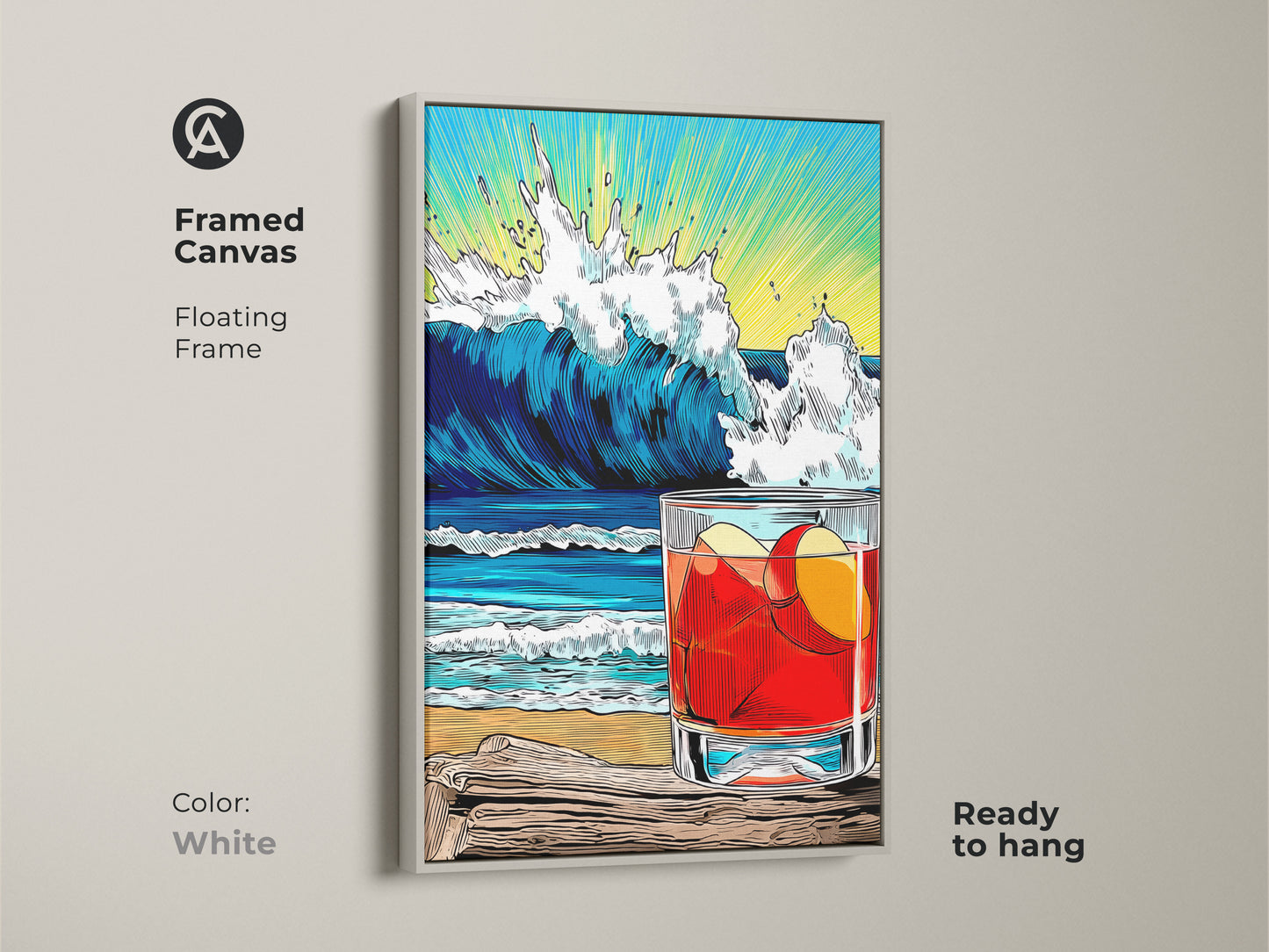 White Framed Canvas Beach Wave Drink artwork. A floating frame around the bar cart wall art. Ocean and drink artwork. A coastal home bar decor for beach lover wall.