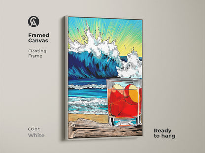 White Framed Canvas Beach Wave Drink artwork. A floating frame around the bar cart wall art. Ocean and drink artwork. A coastal home bar decor for beach lover wall.
