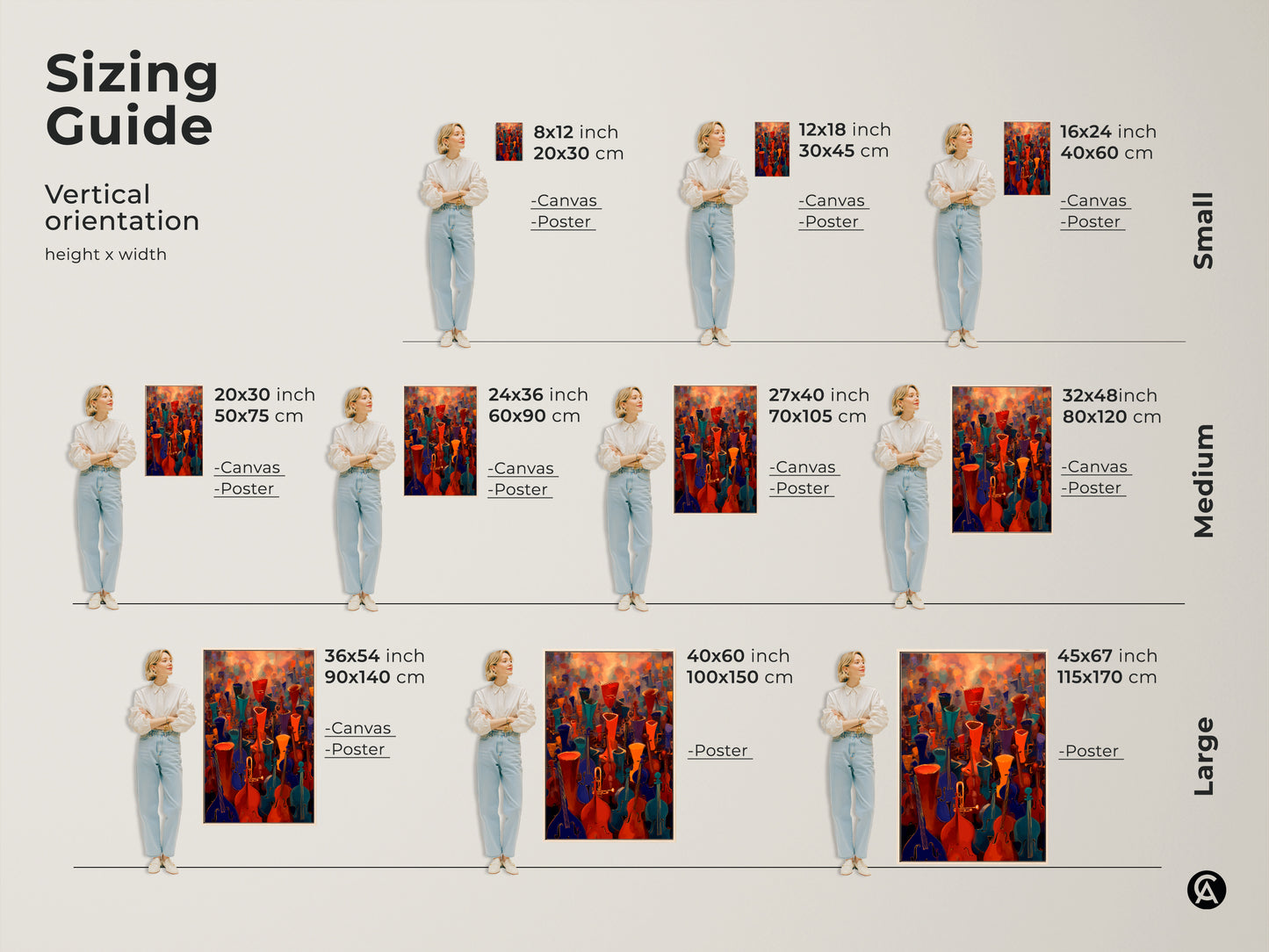 Sizing guide for the vertical orientation of the abstract music wall art. The violin cello canvas print is available in small medium and large sizes. Enliven your space with orchestra artwork