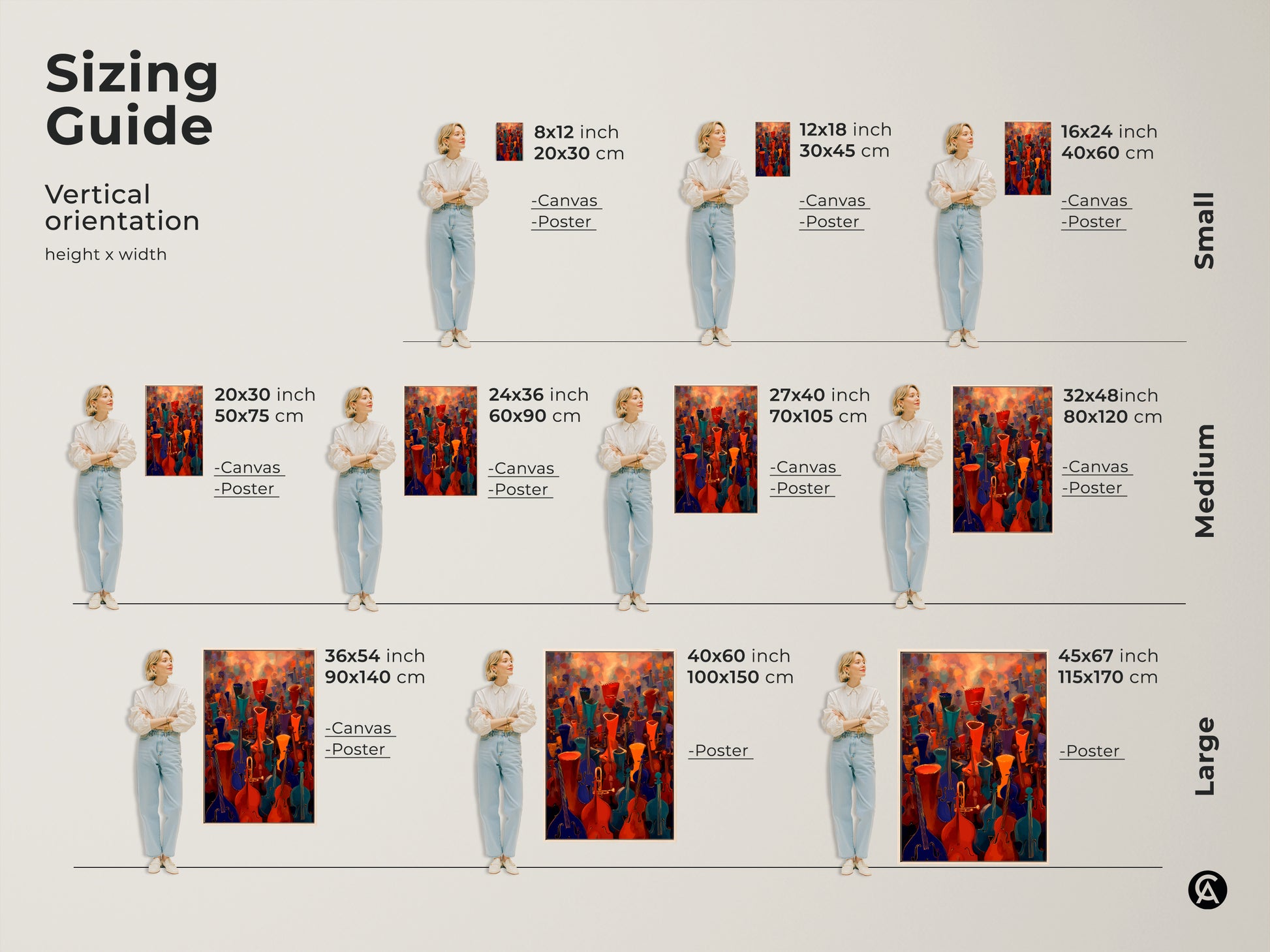 Sizing guide for the vertical orientation of the abstract music wall art. The violin cello canvas print is available in small medium and large sizes. Enliven your space with orchestra artwork