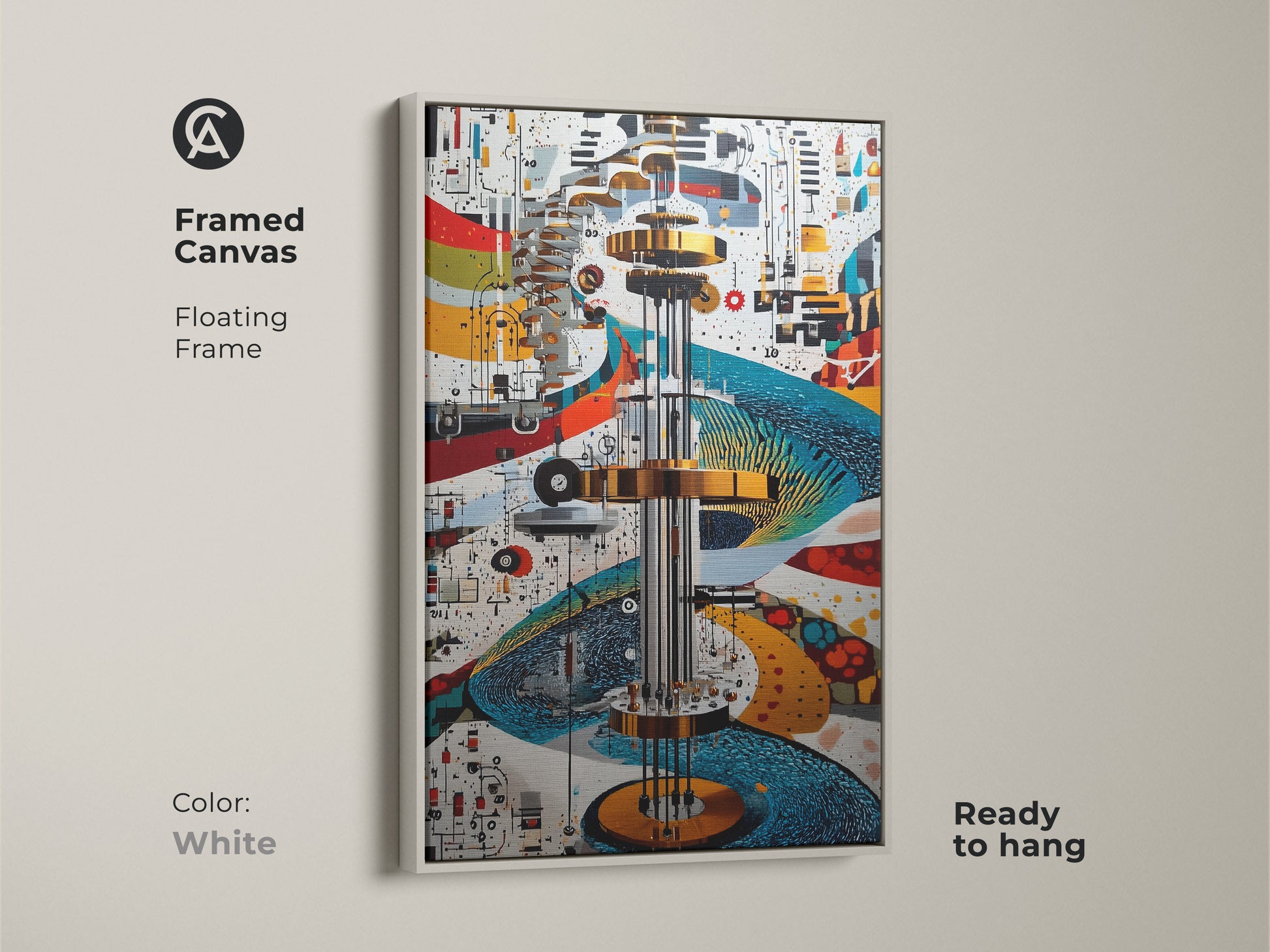 White framed canvas of Mechanical Abstract art. This gold blue and red gears & circuits print offers a futuristic touch. Ideal as modern office decor or an engineer gift. This artwork is ready to hang.