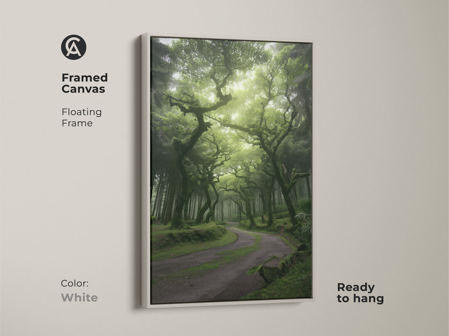 Framed canvas print displays a misty forest with emerald green trees and an enchanted woodland path. The white floating frame complements the nature landscape canvas. It is ready to hang as boho woodland wall art. This artwork brings serene beauty to any room