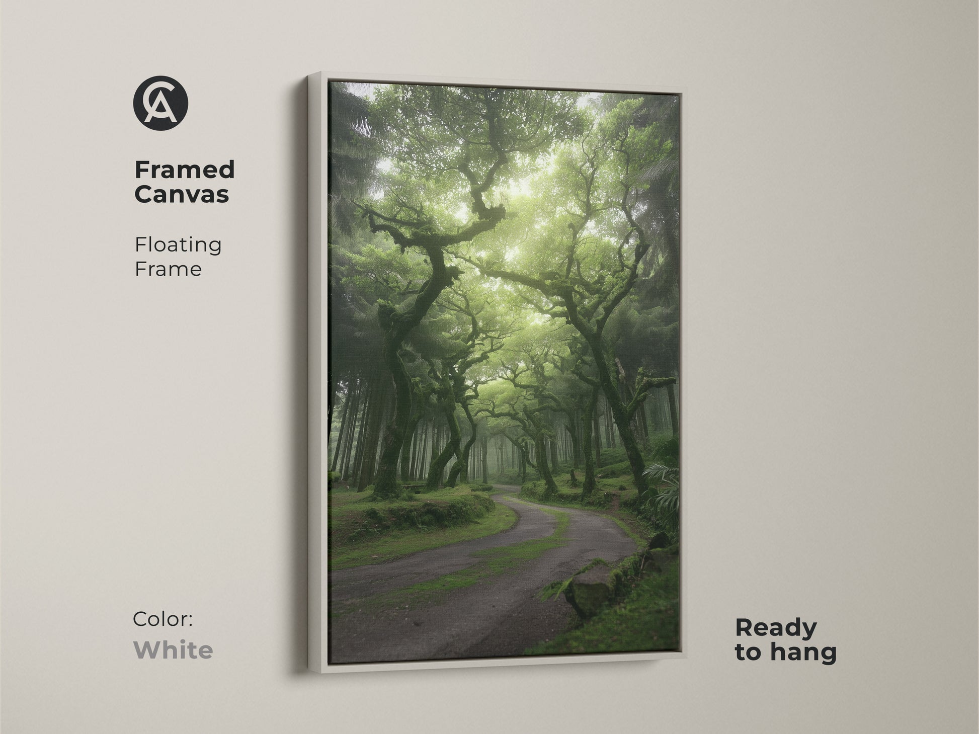Framed canvas print displays a misty forest with emerald green trees and an enchanted woodland path. The white floating frame complements the nature landscape canvas. It is ready to hang as boho woodland wall art. This artwork brings serene beauty to any room