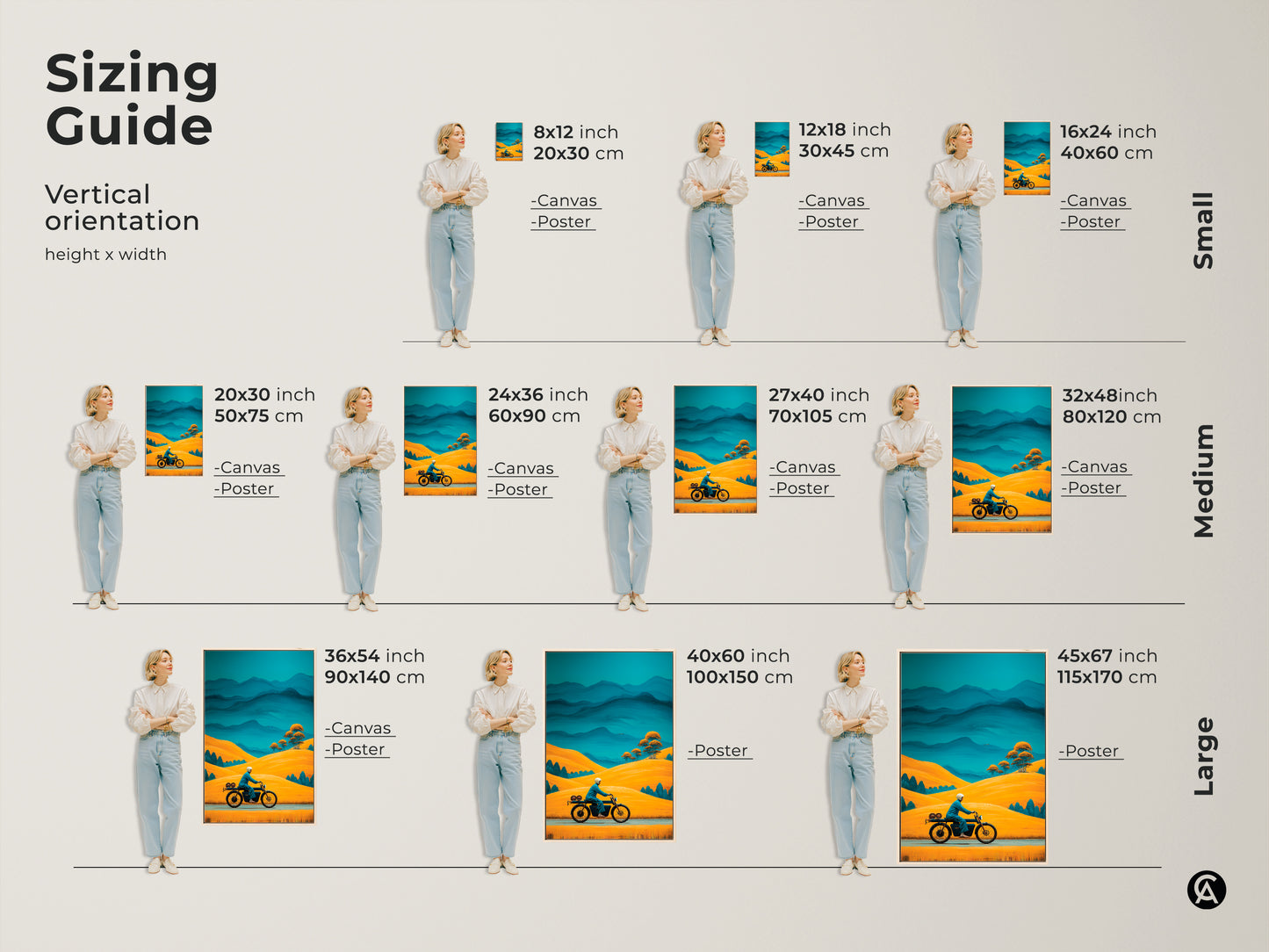 Sizing guide for retro motorcycle art prints. Vertical orientation in various sizes. Golden yellow hills and teal blue mountains in canvas and poster options. Find the ideal Mid-Century Modern adventure travel wall decor.