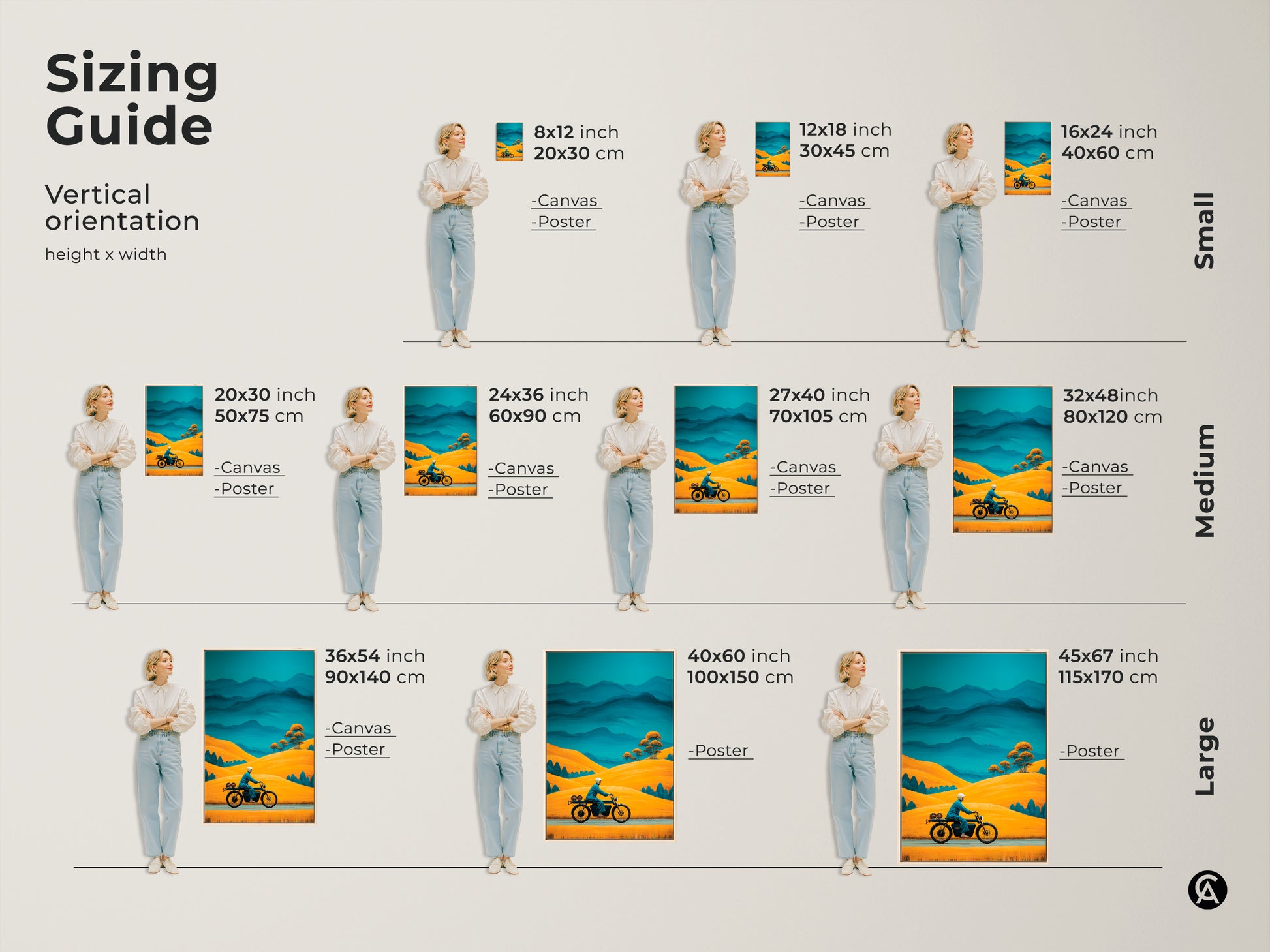Sizing guide for retro motorcycle art prints. Vertical orientation in various sizes. Golden yellow hills and teal blue mountains in canvas and poster options. Find the ideal Mid-Century Modern adventure travel wall decor.