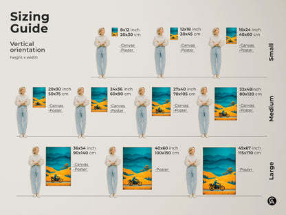 Sizing guide for retro motorcycle art prints. Vertical orientation in various sizes. Golden yellow hills and teal blue mountains in canvas and poster options. Find the ideal Mid-Century Modern adventure travel wall decor.
