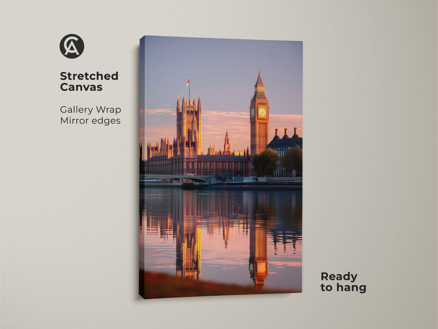 Stretched canvas art featuring London's Houses of Parliament and Big Ben at golden hour. This gallery wrapped canvas has mirrored edges and is ready to hang. Perfect Westminster photography for travel lovers.