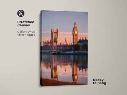 Stretched canvas art featuring London's Houses of Parliament and Big Ben at golden hour. This gallery wrapped canvas has mirrored edges and is ready to hang. Perfect Westminster photography for travel lovers.
