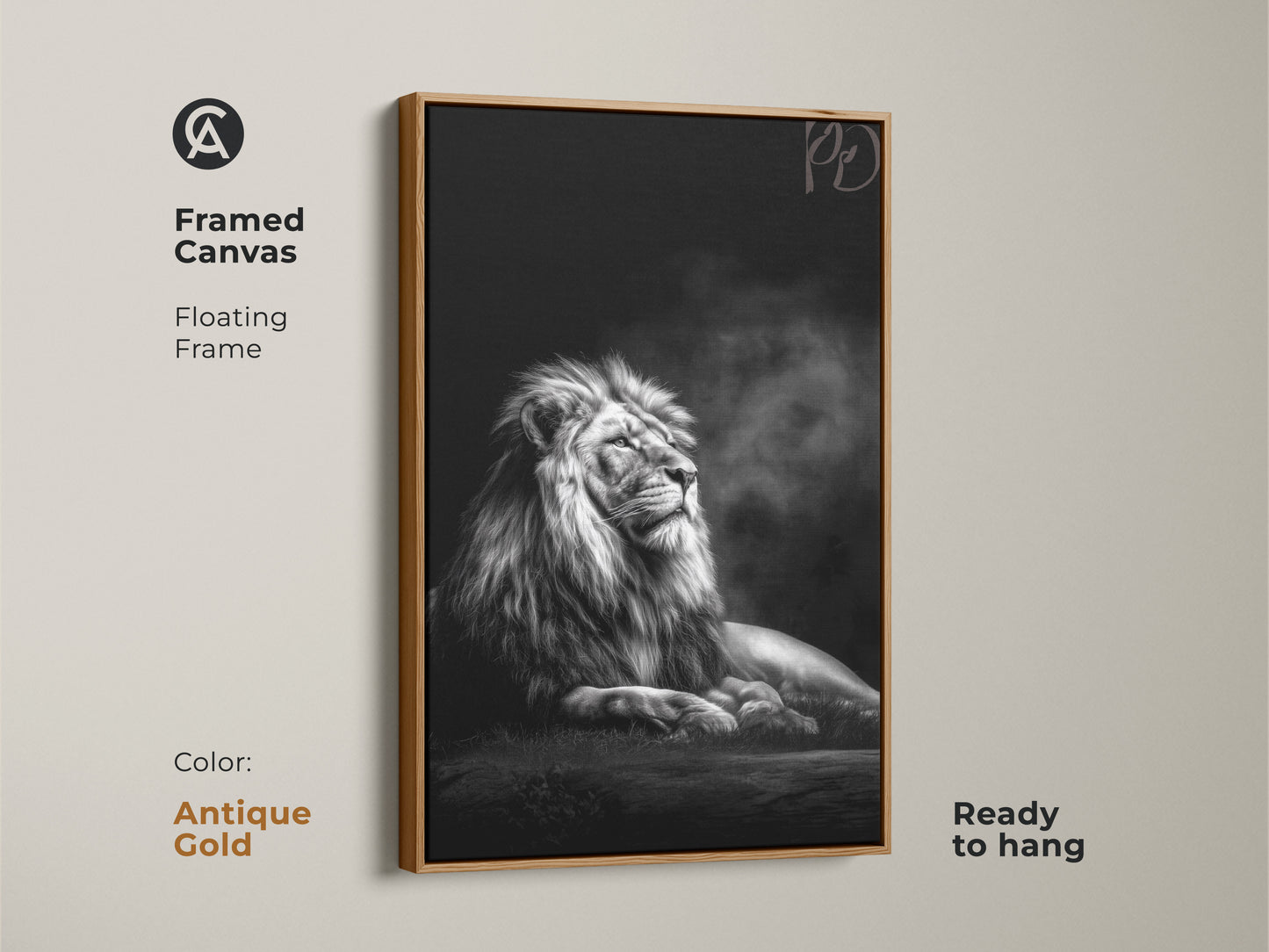 Antique gold frame enhances this monochrome lion canvas art. The photorealistic wildlife wall art makes a sophisticated statement. This black and white animal decor adds a touch of elegance to your space ready to hang.