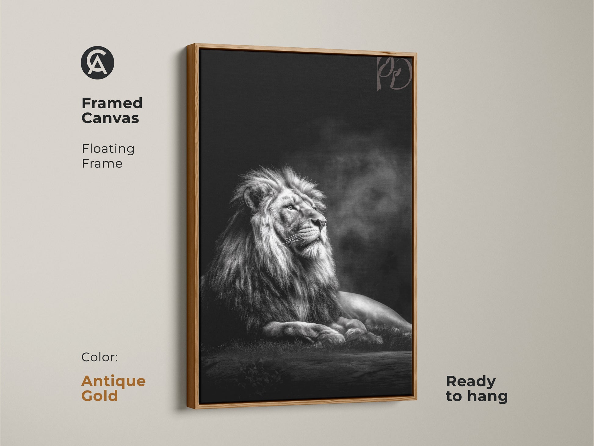 Antique gold frame enhances this monochrome lion canvas art. The photorealistic wildlife wall art makes a sophisticated statement. This black and white animal decor adds a touch of elegance to your space ready to hang.