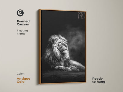 Antique gold frame enhances this monochrome lion canvas art. The photorealistic wildlife wall art makes a sophisticated statement. This black and white animal decor adds a touch of elegance to your space ready to hang.