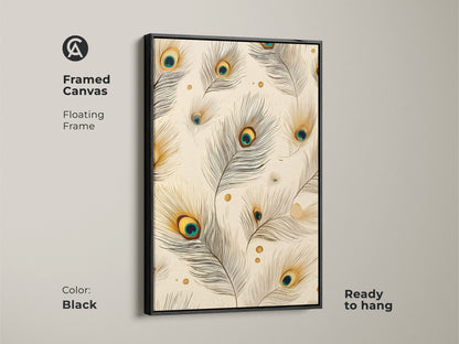 Black framed canvas of peacock feather artwork with a floating frame. Boho abstract wall art ready to hang. The cream teal and gold decor adds luxury to any space. Perfect for bohemian bedroom art and nature lovers gift idea.