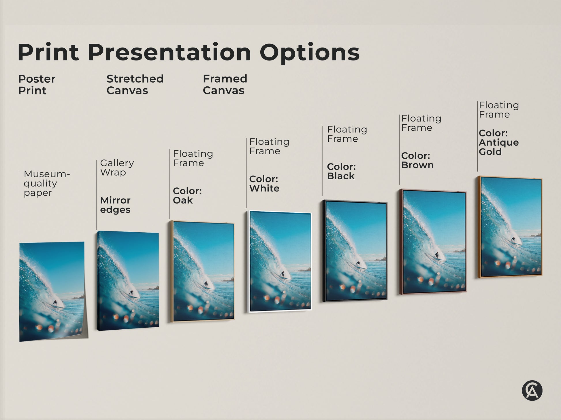 Explore our print presentation options. Choose from poster prints to stretched canvases. Framed canvases offer a polished look. Various floating frame colors are available for your surfing artwork.