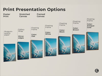 Explore our print presentation options. Choose from poster prints to stretched canvases. Framed canvases offer a polished look. Various floating frame colors are available for your surfing artwork.