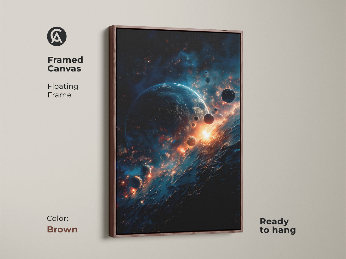 Brown framed canvas art print showcasing a beautiful space scene. The artwork depicts a blue planet with orbiting moons. Streaks of orange light add warmth and depth. Ready to hang this framed artwork will enhance your home decor. Perfect for space lovers.