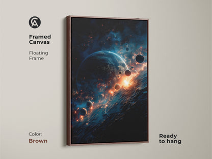 Brown framed canvas art print showcasing a beautiful space scene. The artwork depicts a blue planet with orbiting moons. Streaks of orange light add warmth and depth. Ready to hang this framed artwork will enhance your home decor. Perfect for space lovers.
