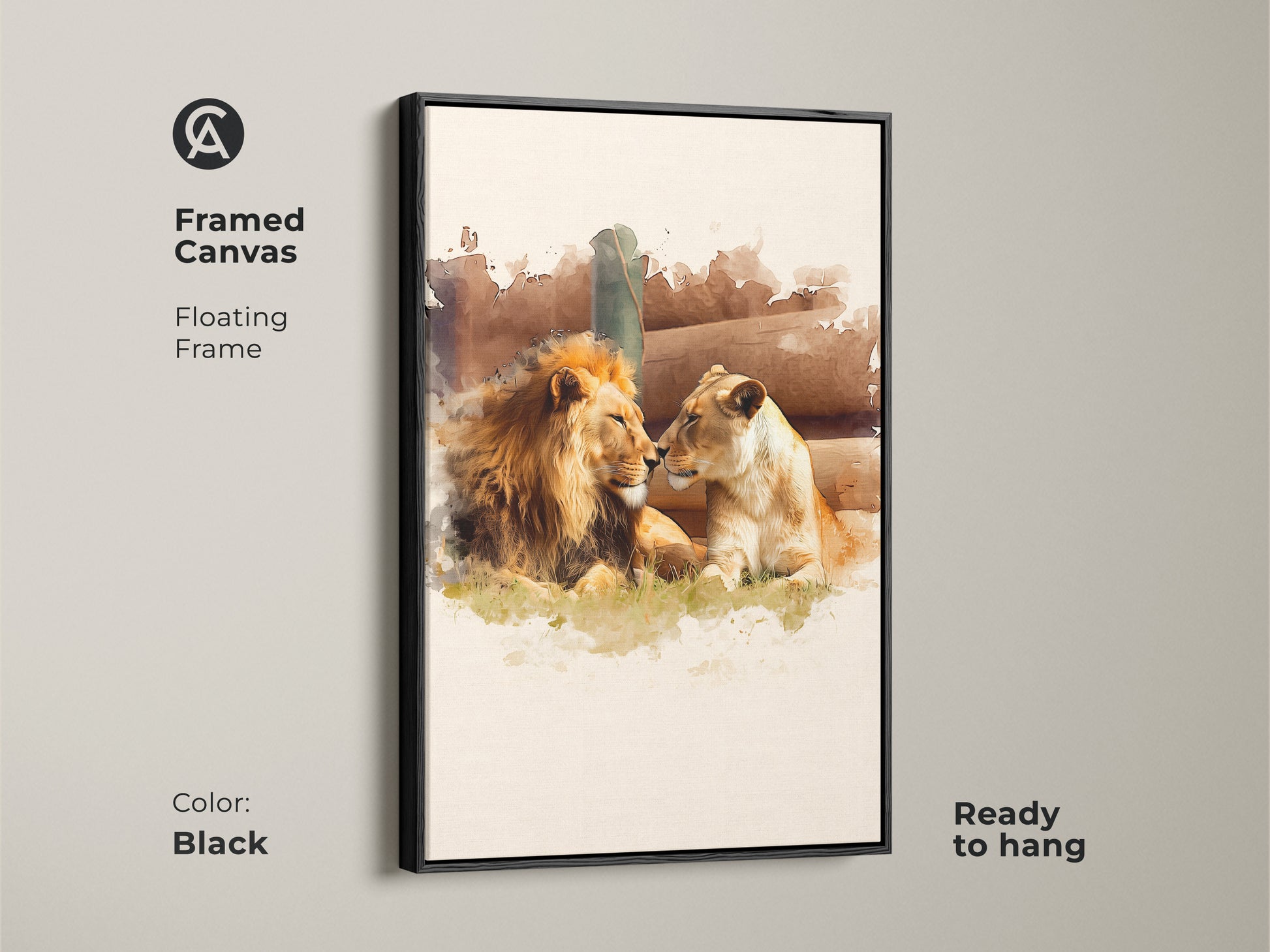 Framed canvas featuring artistic wildlife painting of a lion and lioness. The black floating frame enhances the gold and brown tones of this safari theme canvas print. Ready to hang this artwork adds a touch of nature to any space.