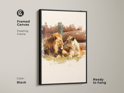 Framed canvas featuring artistic wildlife painting of a lion and lioness. The black floating frame enhances the gold and brown tones of this safari theme canvas print. Ready to hang this artwork adds a touch of nature to any space.