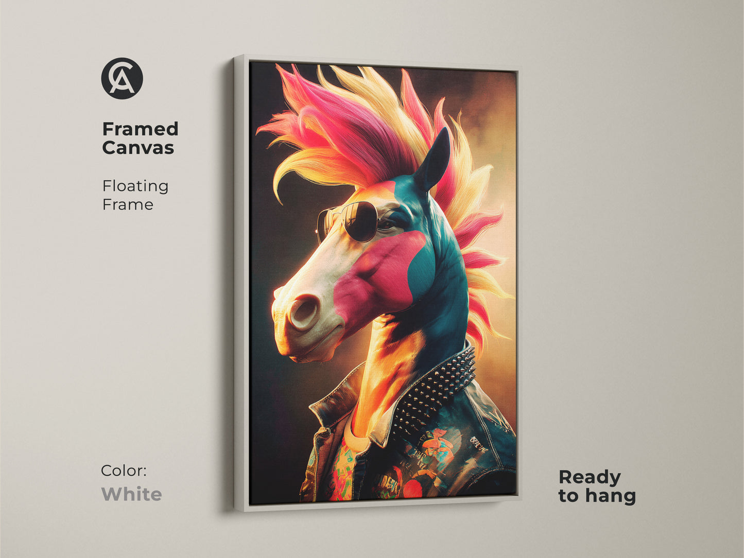 A framed Canvas print featuring punk rock horse artwork. The floating frame is finished in white. The colorful horse art is a perfect eclectic man cave decor item.