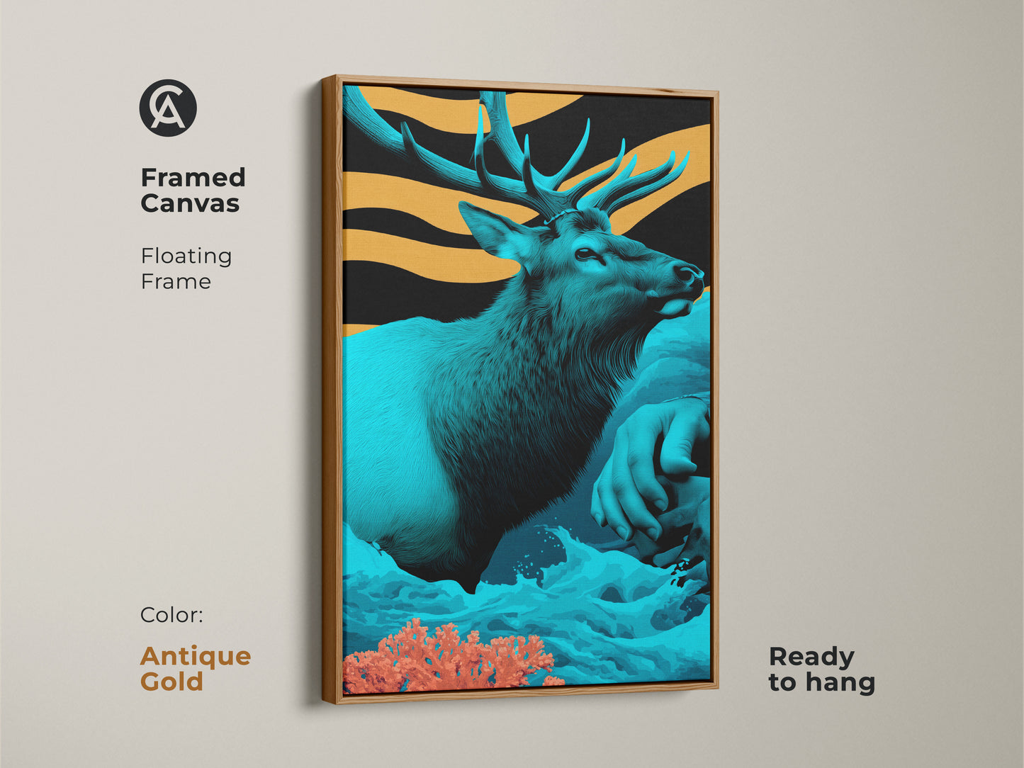 This framed canvas features stylized elk in teal and orange tones in an antique gold floating frame. The wildlife animal artwork adds a touch of eclectic style to any space. It's ready to hang bringing a sophisticated and modern aesthetic. The Art Nouveau elk is a gift.