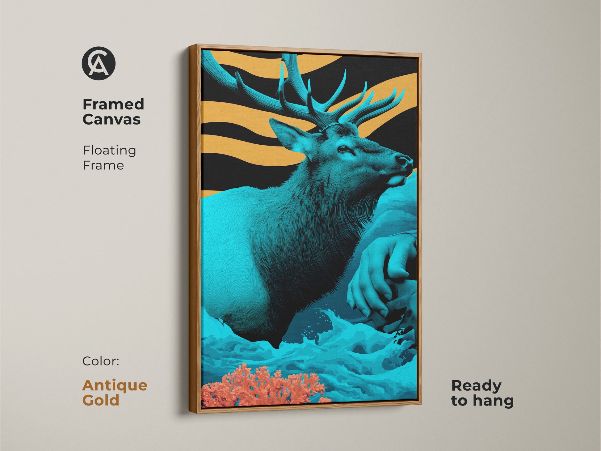 This framed canvas features stylized elk in teal and orange tones in an antique gold floating frame. The wildlife animal artwork adds a touch of eclectic style to any space. It's ready to hang bringing a sophisticated and modern aesthetic. The Art Nouveau elk is a gift.