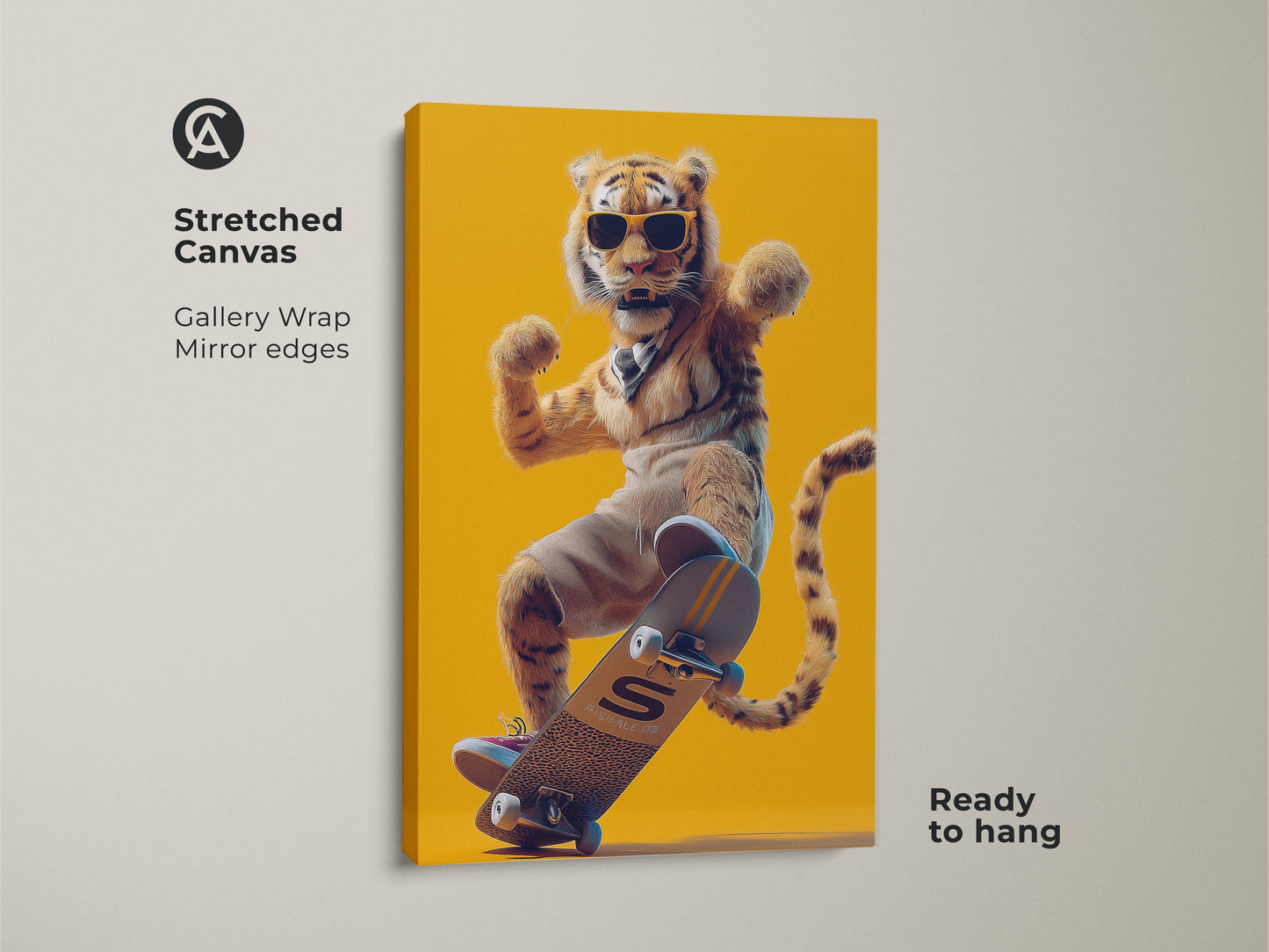 Stretched canvas print of a cool tiger riding a skateboard. Retro street art for eclectic home wall decor adds a pop of color. This artwork is a unique gift for gamers and skateboard enthusiasts ready to hang.
