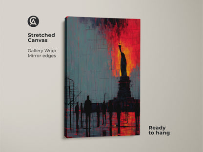 Stretched canvas gallery wrap displaying the Statue of Liberty artwork. The abstract cityscape print features mirror edges and is ready to hang. Crimson and teal colors make a striking statement.