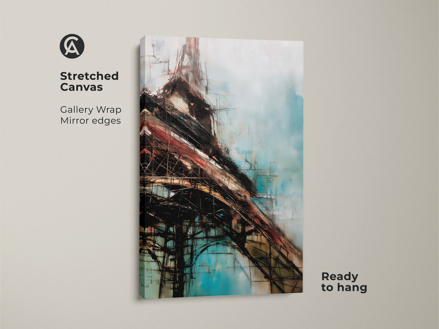 Stretched canvas featuring an abstract construction artwork. Gallery wrapped with mirrored edges. This modern blue brown and teal art print is ready to hang and enhances any space.