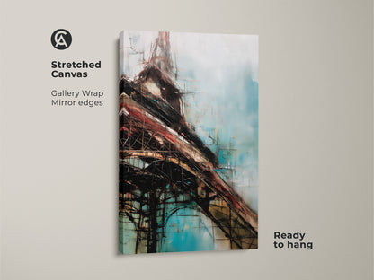 Stretched canvas featuring an abstract construction artwork. Gallery wrapped with mirrored edges. This modern blue brown and teal art print is ready to hang and enhances any space.