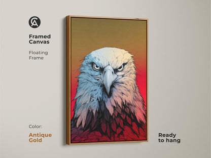 Add a touch of elegance with this antique gold framed eagle canvas. Featuring bold bird of prey decor this wildlife art print is a great choice. The American Eagle artwork is a perfect office wall art piece. It makes for an ideal gift.