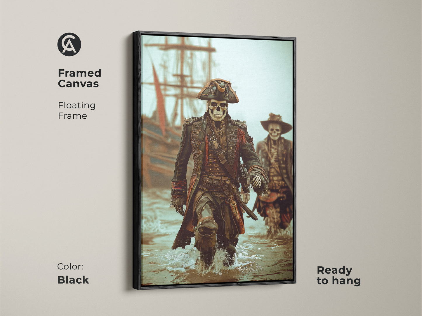 Black framed canvas featuring a Skeleton Pirate Captain leading his crew ashore. This gothic nautical fantasy artwork is ready to hang. It brings a touch of dark academia and nautical adventure to any space. Perfect for a man cave office or as a unique Halloween gift.