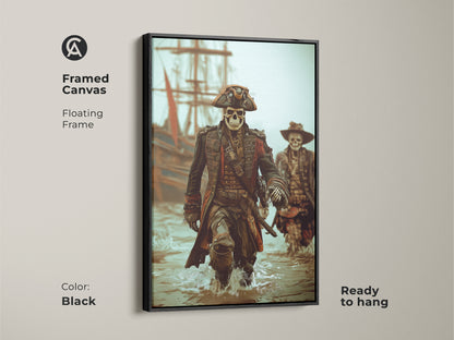 Black framed canvas featuring a Skeleton Pirate Captain leading his crew ashore. This gothic nautical fantasy artwork is ready to hang. It brings a touch of dark academia and nautical adventure to any space. Perfect for a man cave office or as a unique Halloween gift.