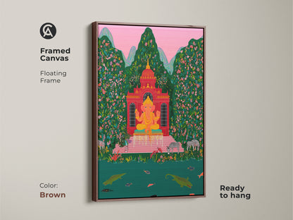 Framed Ganesha canvas art in a brown floating frame. The spiritual wall art is ready to hang. This folk art print brings an eclectic vibe to any space. A red green tropical scene adds vibrant color. The Hindu deity artwork is perfect for unique wall decor.