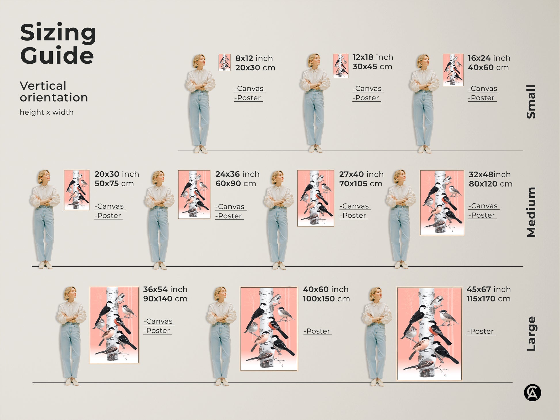 A sizing guide shows different dimensions for the bird and birch tree artwork. Available in sizes from small to large for both canvas and poster prints. This Scandinavian folk art animal art makes a perfect nature wall decor piece. Find the ideal fit for your space and enjoy this rustic inspired present.