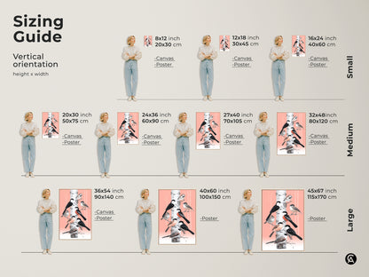 A sizing guide shows different dimensions for the bird and birch tree artwork. Available in sizes from small to large for both canvas and poster prints. This Scandinavian folk art animal art makes a perfect nature wall decor piece. Find the ideal fit for your space and enjoy this rustic inspired present.