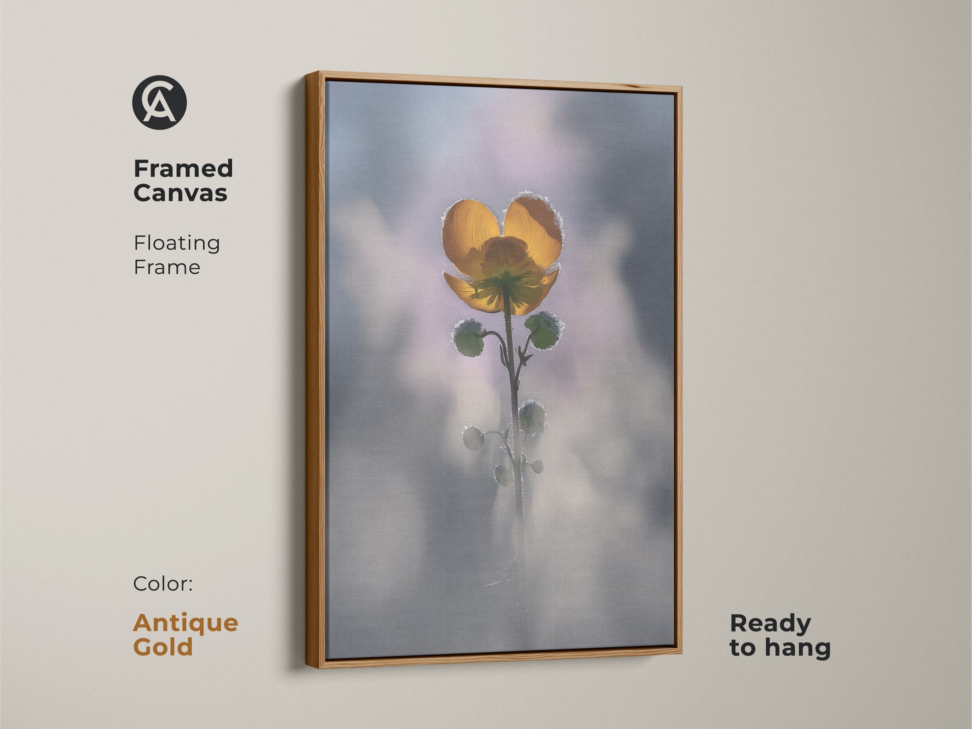 Antique gold framed canvas of a yellow buttercup. Floating frame enhances the macro nature photography. Soft focus botanical wall art is ready to hang. This boho bedroom nature decor makes a great plant lover gift.