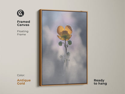 Antique gold framed canvas of a yellow buttercup. Floating frame enhances the macro nature photography. Soft focus botanical wall art is ready to hang. This boho bedroom nature decor makes a great plant lover gift.