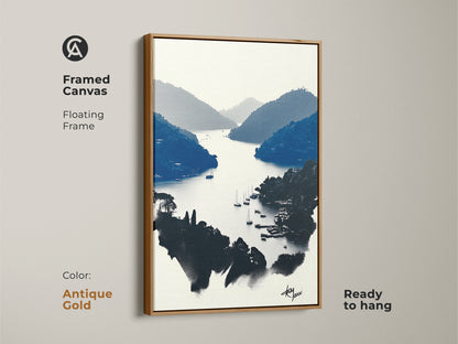 Framed in antique gold. This art print is nautical home decor. It's perfect as a travel lovers gift idea. The minimalist boat art makes a statement. Enjoy the serene landscape print for your modern home. It's an ocean view wall hanging.
