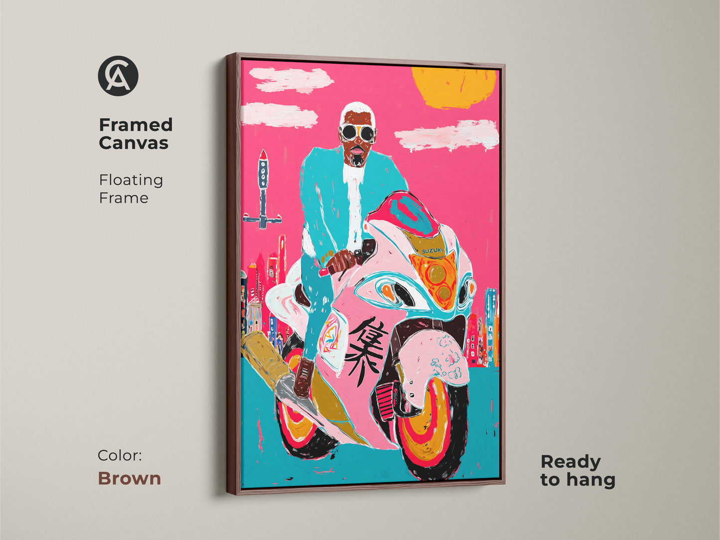A brown framed canvas presents a pop art motorcycle. The rider is set against a hot pink and turquoise cityscape. Ready to hang this eclectic motorcycle decor on your wall. It can be a unique transportation print for a motorcycle enthusiast.