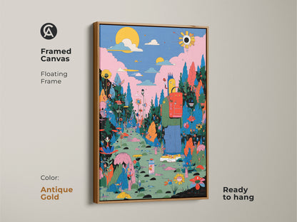 A framed canvas with an antique gold floating frame features a colorful fantasy artwork. A figure with a backpack is walking a flower-filled path. Ready to hang and bring artwork to your decor. This framed art enhances any room's aesthetic. Get yours today and enjoy this unique piece.